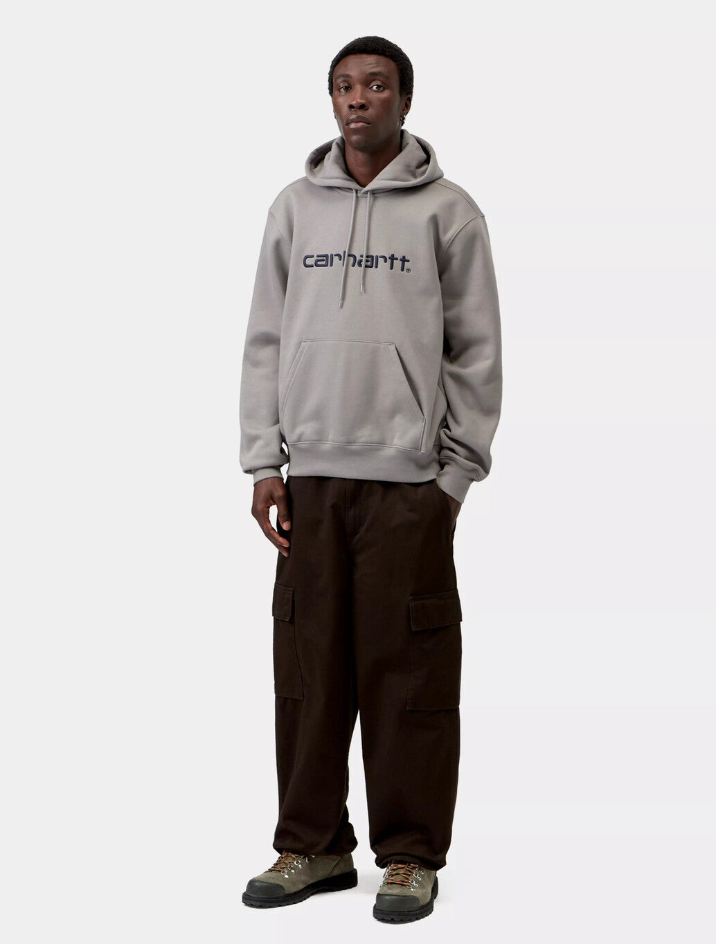 Carhartt WIP Hooded Carhartt Sweatshirt in Shady Grey / Dark Navy