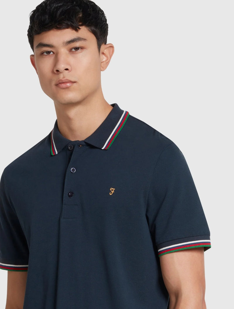 Farah - Alvin Organic Cotton Tipped Collar Short Sleeve Polo Shirt - Navy