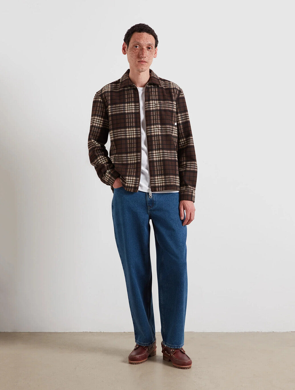 Farah Asher Zipped Check Overshirt in Dark Brown