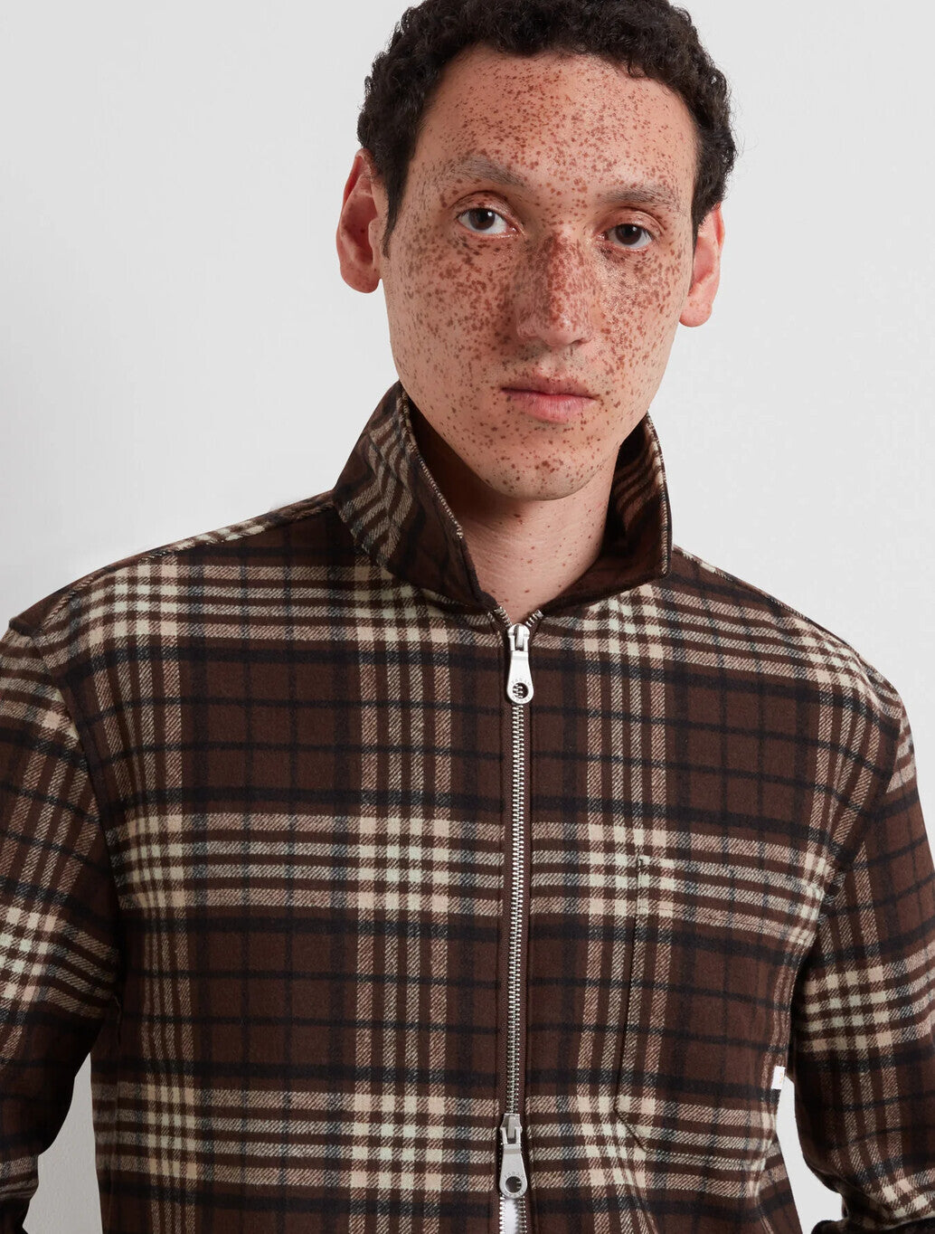 Farah Asher Zipped Check Overshirt in Dark Brown