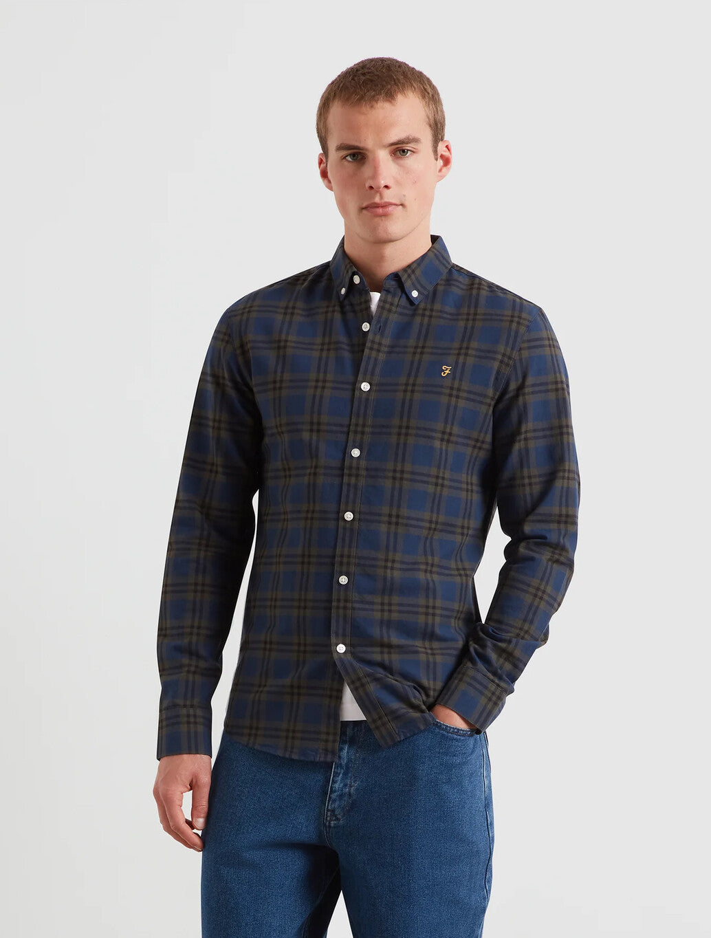 Farah Brewer Slim Fit Check Oxford Shirt in Evergreen
