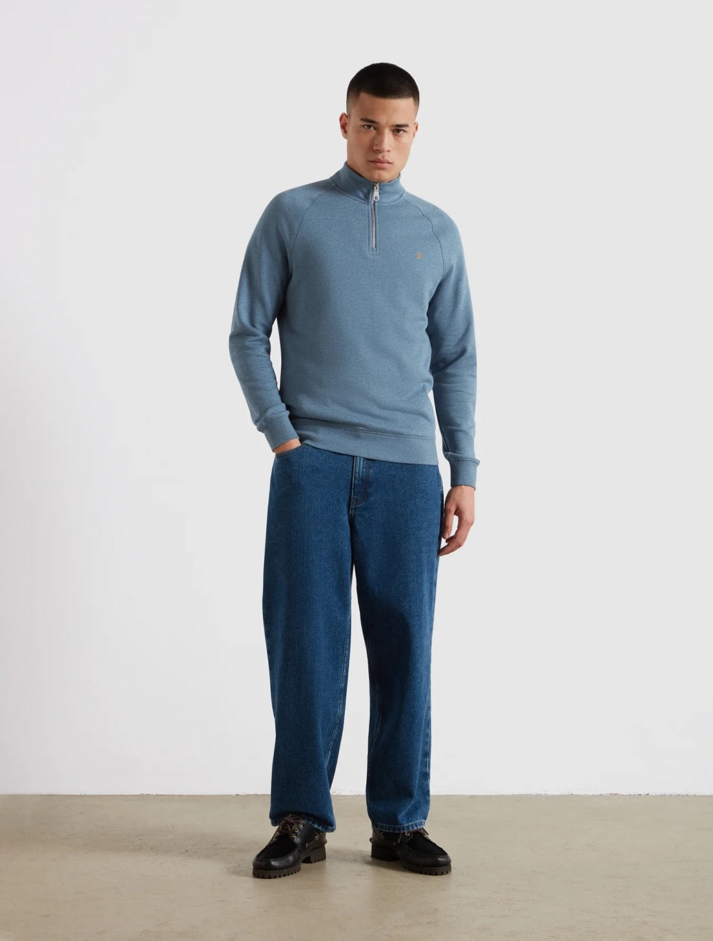 Farah Jim Organic Cotton Quarter Zip Sweatshirt in Denim Blue