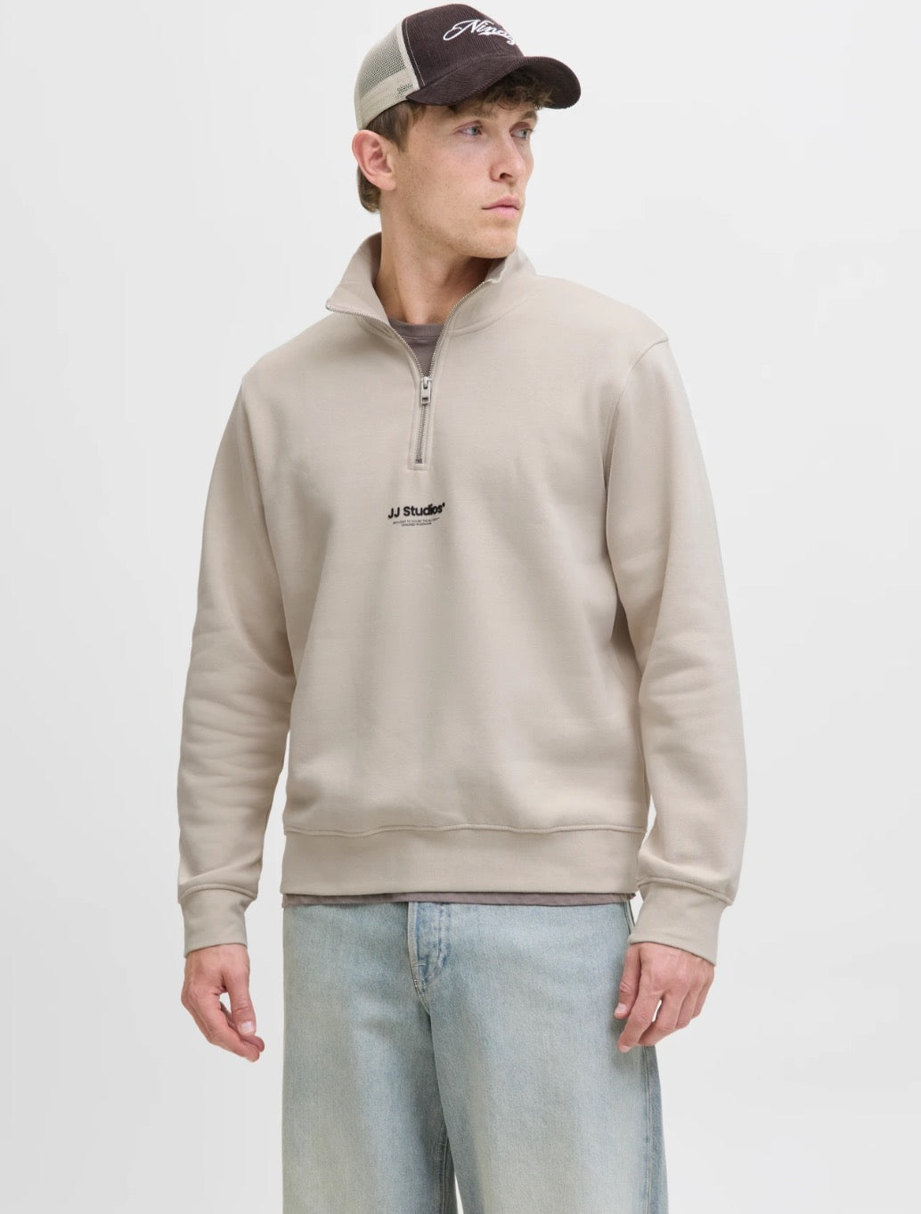 Jack & Jones - Printed Half Zip Sweatshirt - Beige