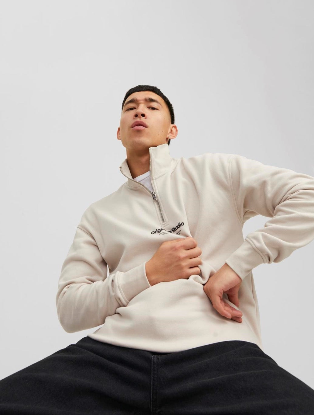 Jack & Jones - Text Half Zip Sweatshirt - Beige