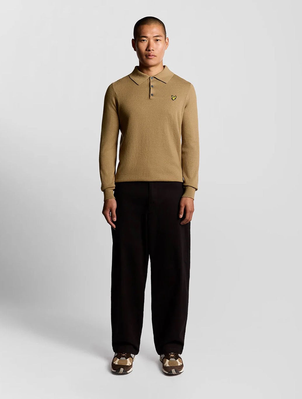 Lyle & Scott - Merino Blend Long Sleeve Polo Shirt - Tan
