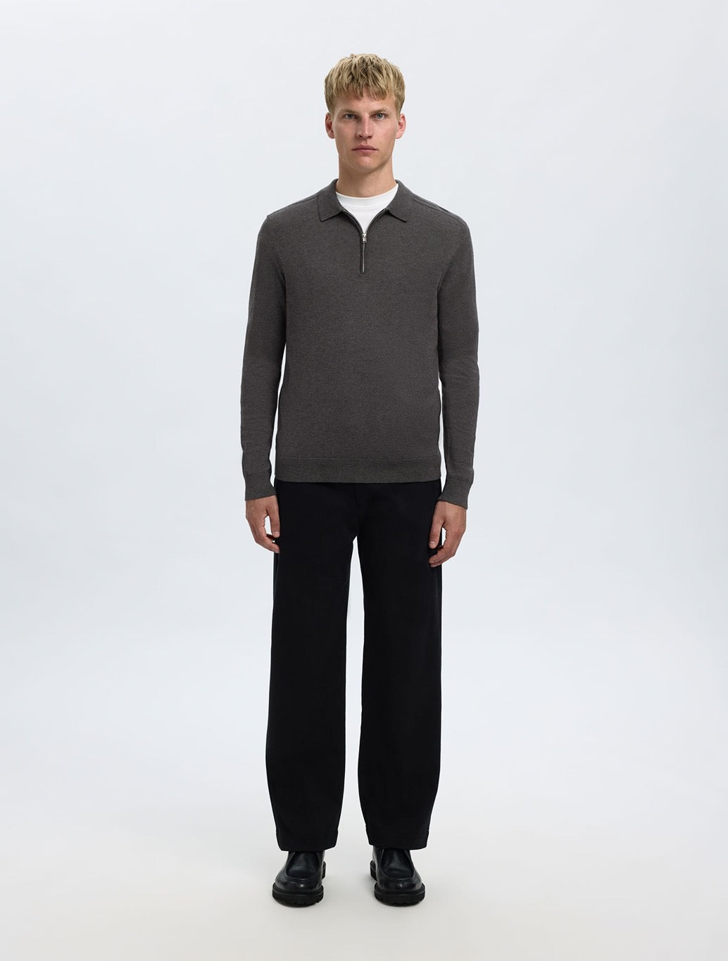 Selected - Berg Knitted Long Sleeved Polo - Charcoal