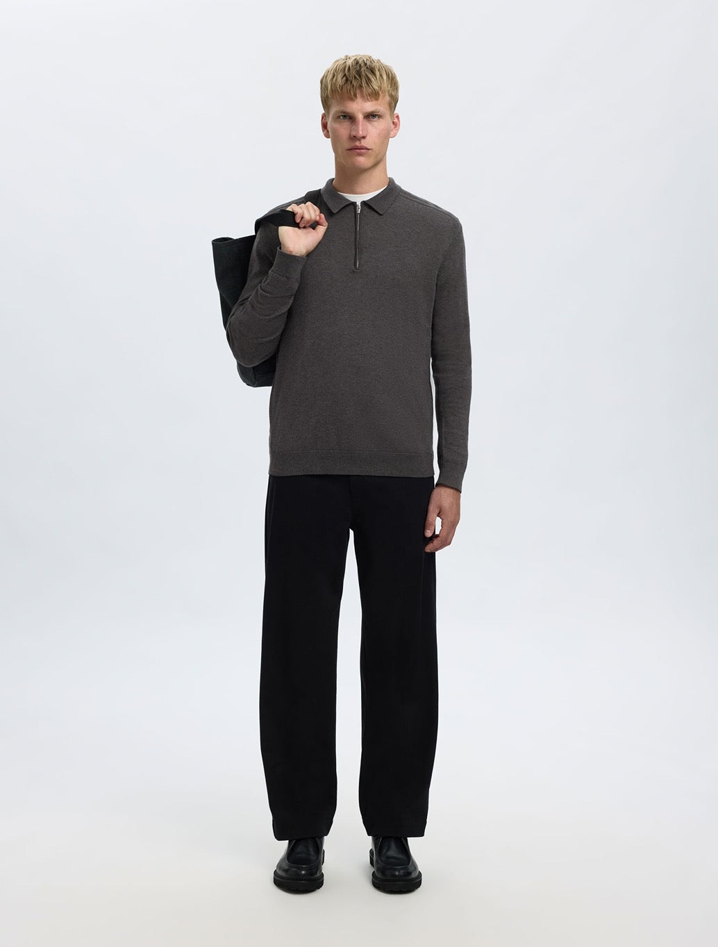Selected - Berg Knitted Long Sleeved Polo - Charcoal