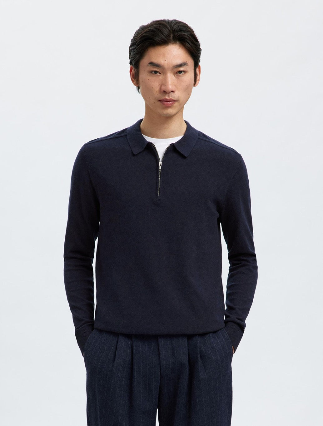 Selected - Berg Knitted Long Sleeved Polo - Navy