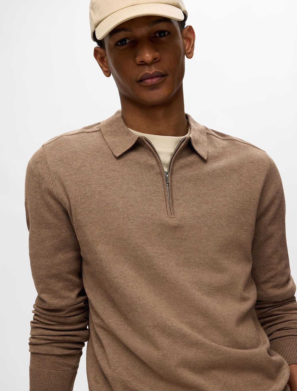 Selected - Berg Knitted Long Sleeved Polo - Tan