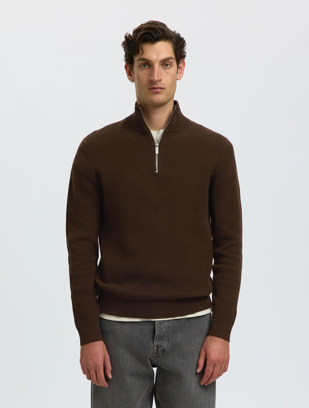 Selected Berg Zip Knit in Dark Brown
