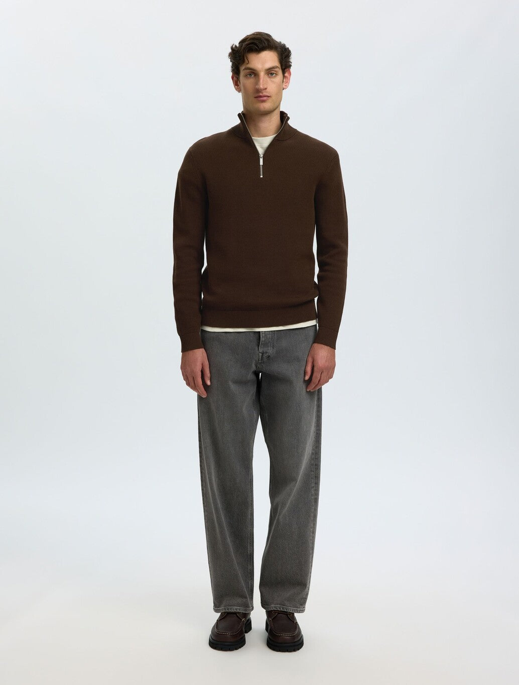 Selected Berg Zip Knit in Dark Brown