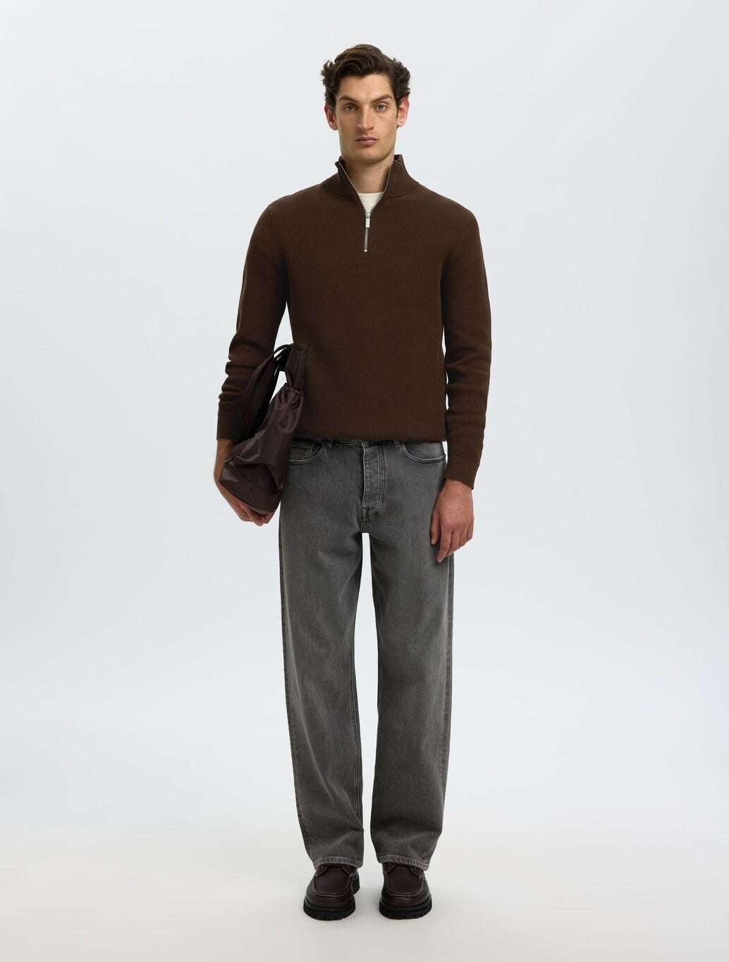 Selected Berg Zip Knit in Dark Brown