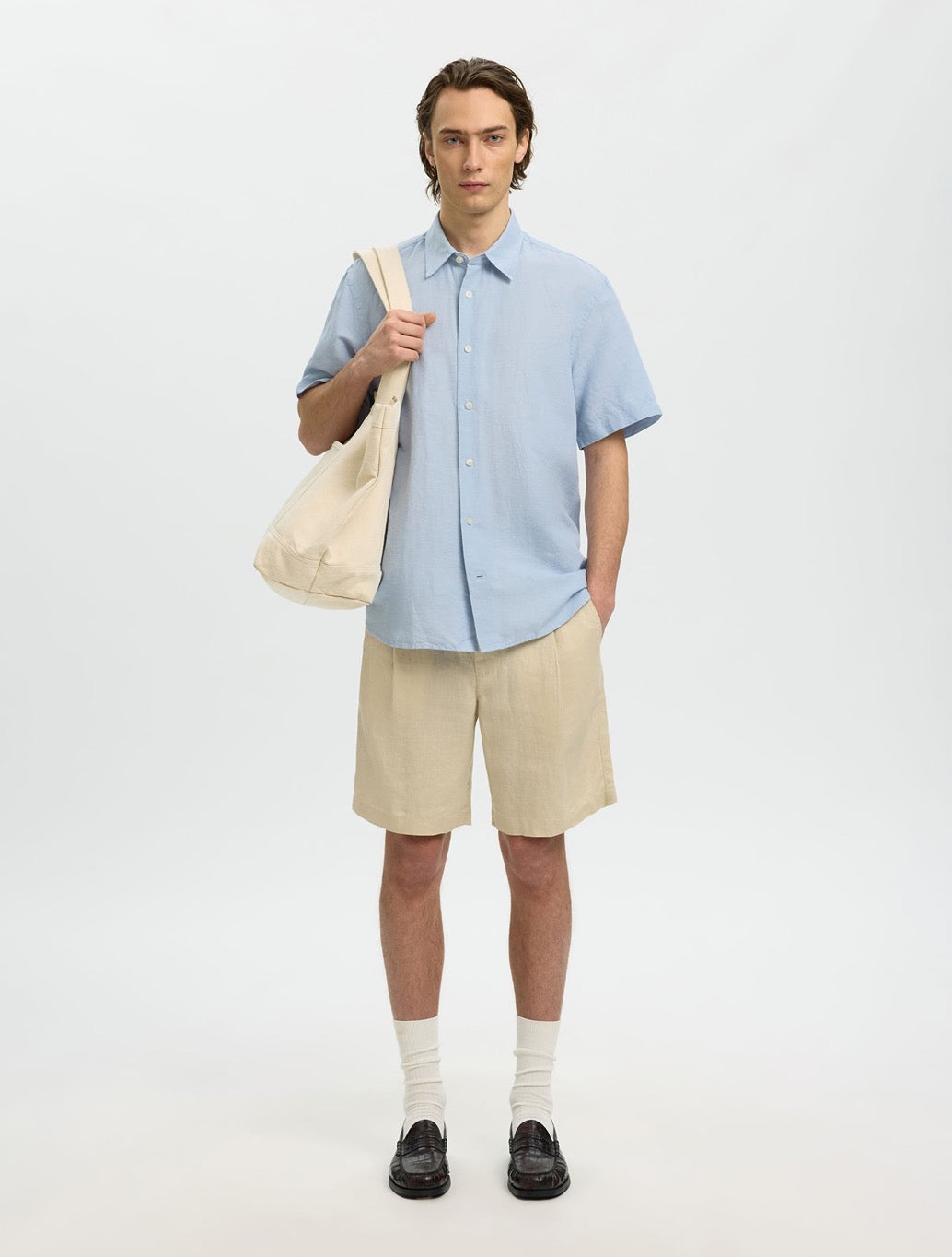 Selected Clay Short Sleeved Linen-Blend Shirt in Light Blue
