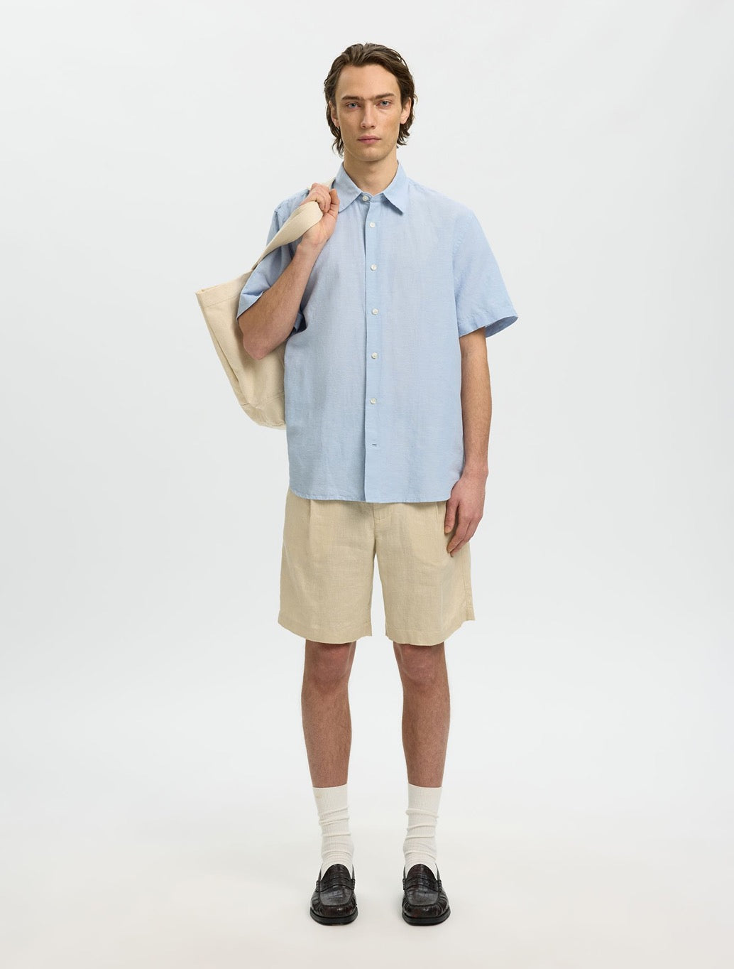 Selected Clay Short Sleeved Linen-Blend Shirt in Light Blue