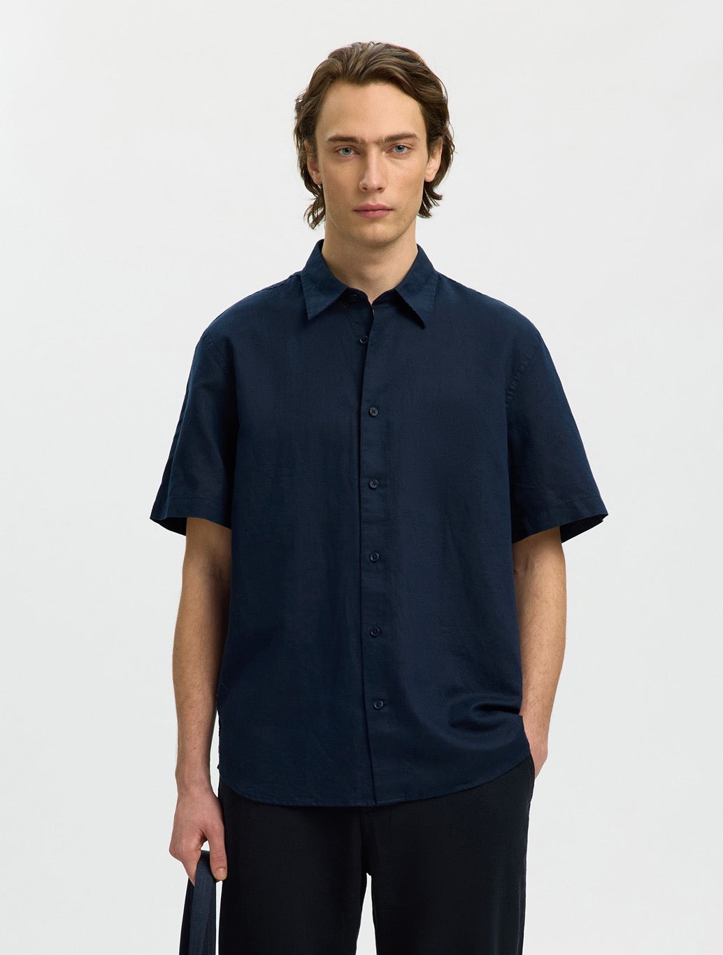 Selected Clay Short Sleeved Linen-Blend Shirt in Navy