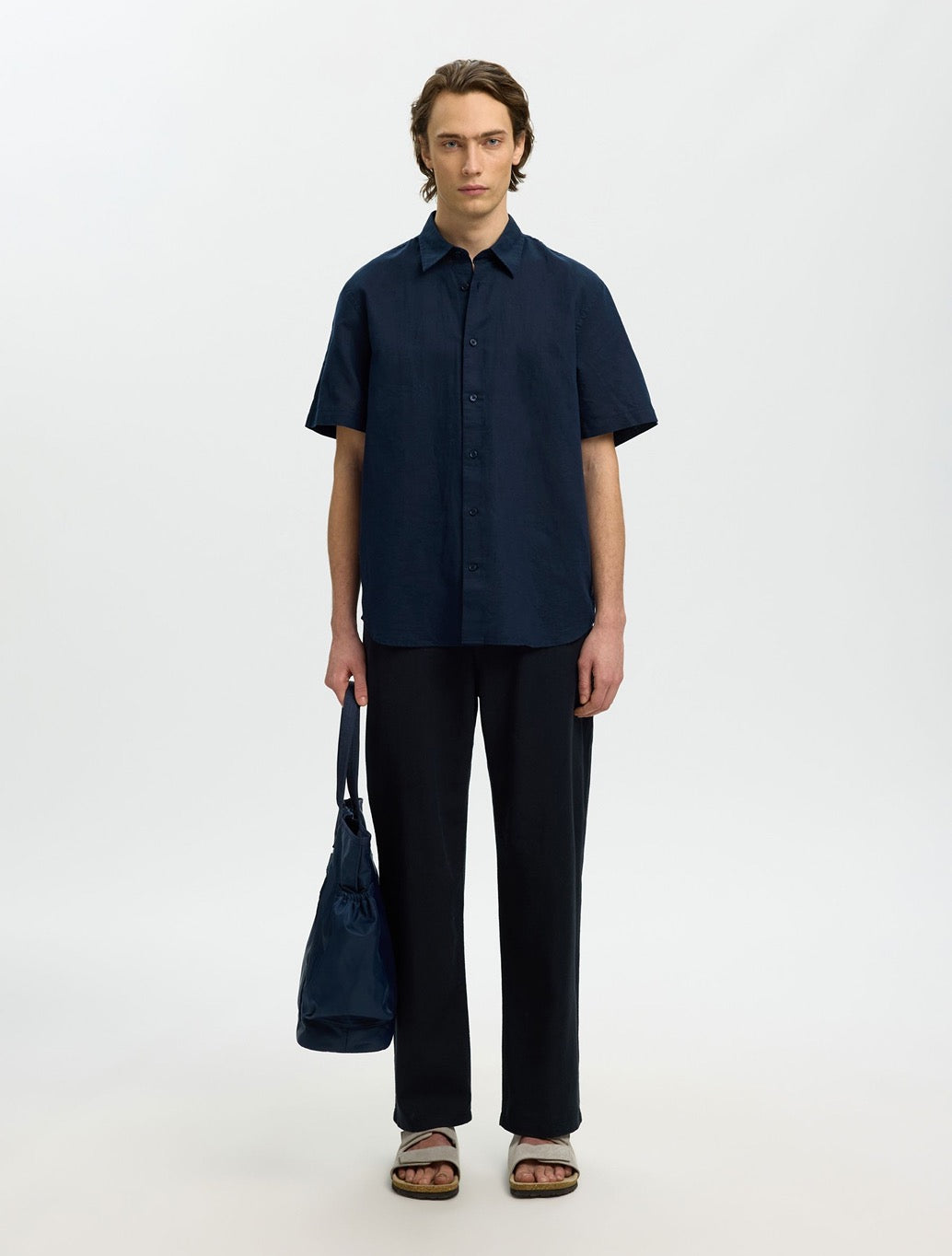 Selected Clay Short Sleeved Linen-Blend Shirt in Navy