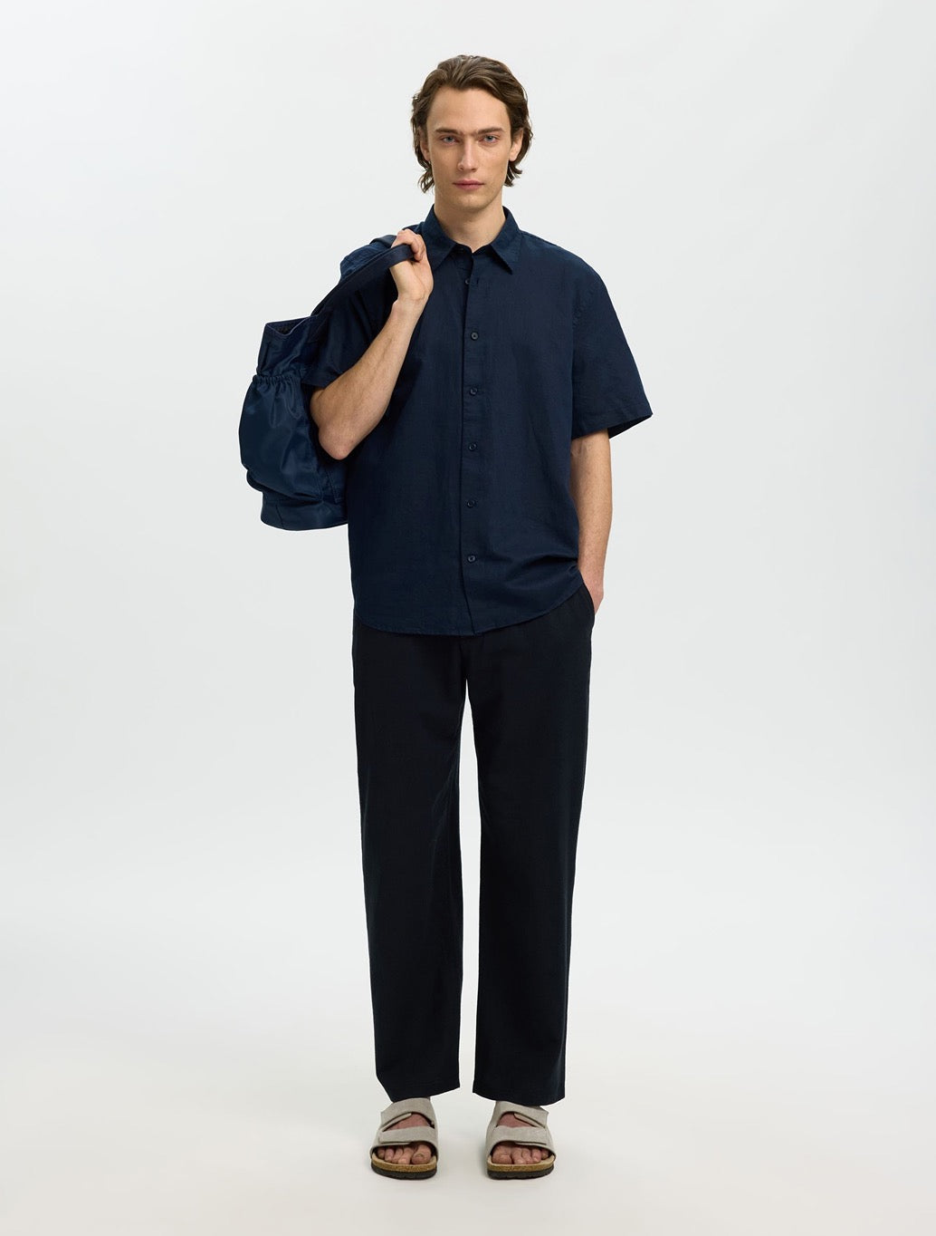 Selected Clay Short Sleeved Linen-Blend Shirt in Navy