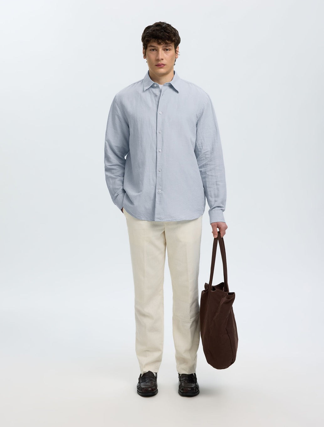 Selected Clay Regular Fit Linen-Blend Shirt in Light Blue