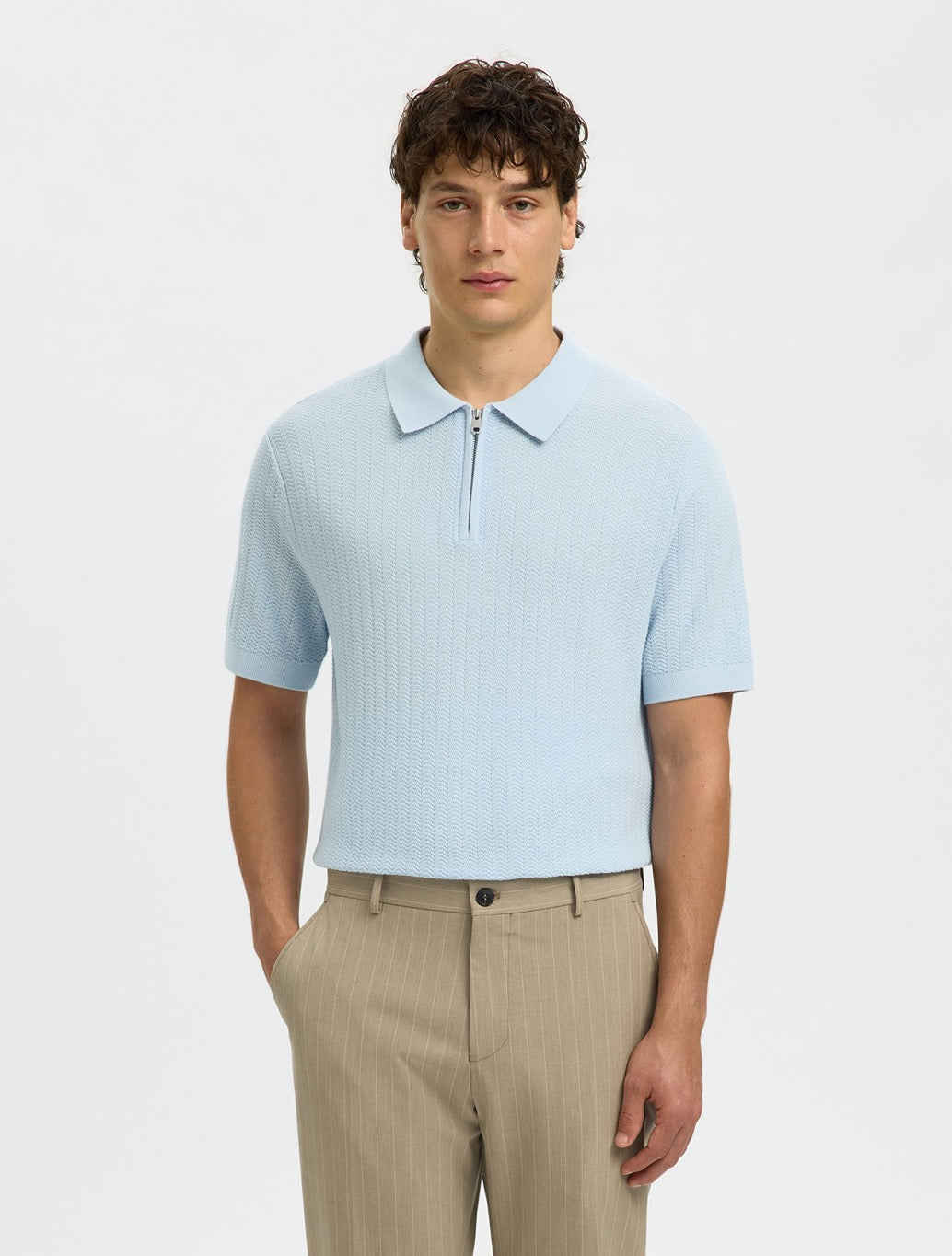 Selected Cran Zip Up Polo Shirt in Light Blue