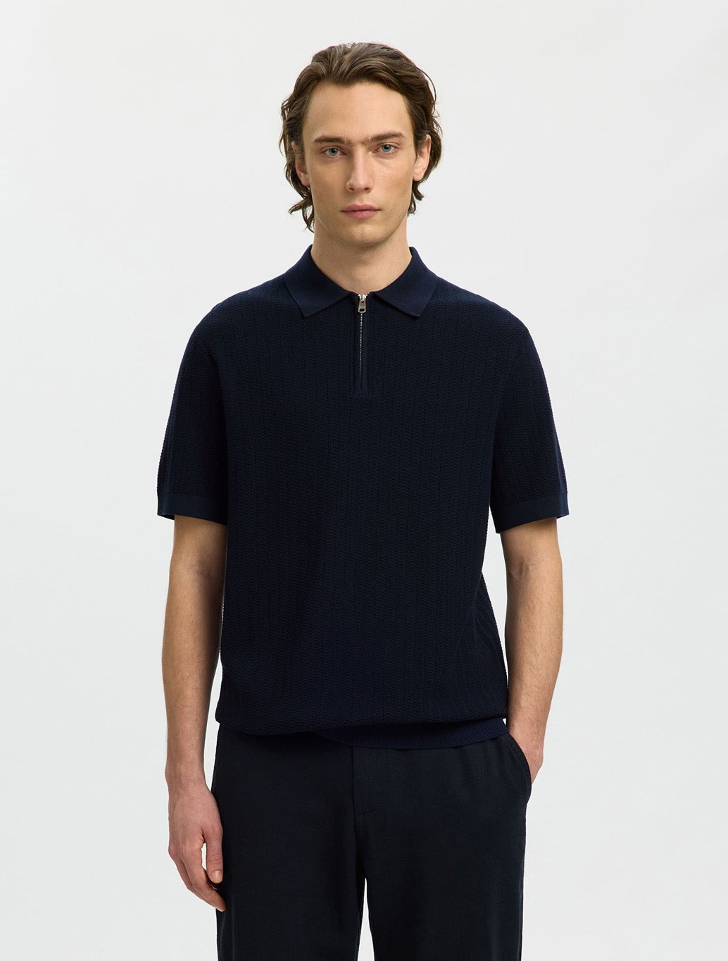 Selected Cran Zip Up Polo Shirt in Navy