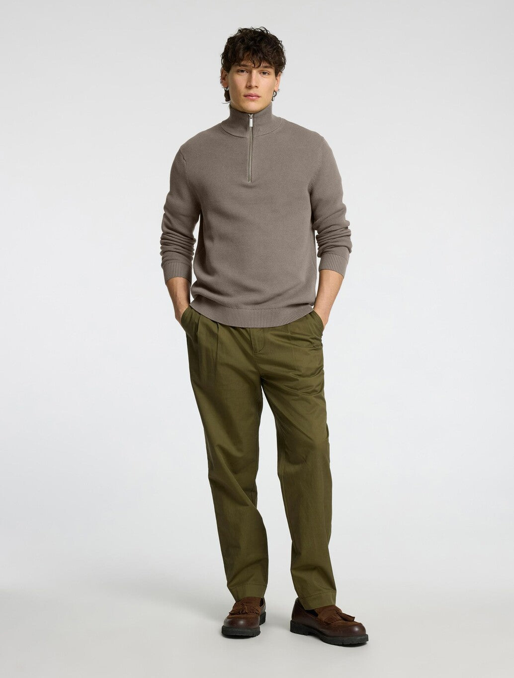 Selected Dane Half-Zip Jumper in Light Brown