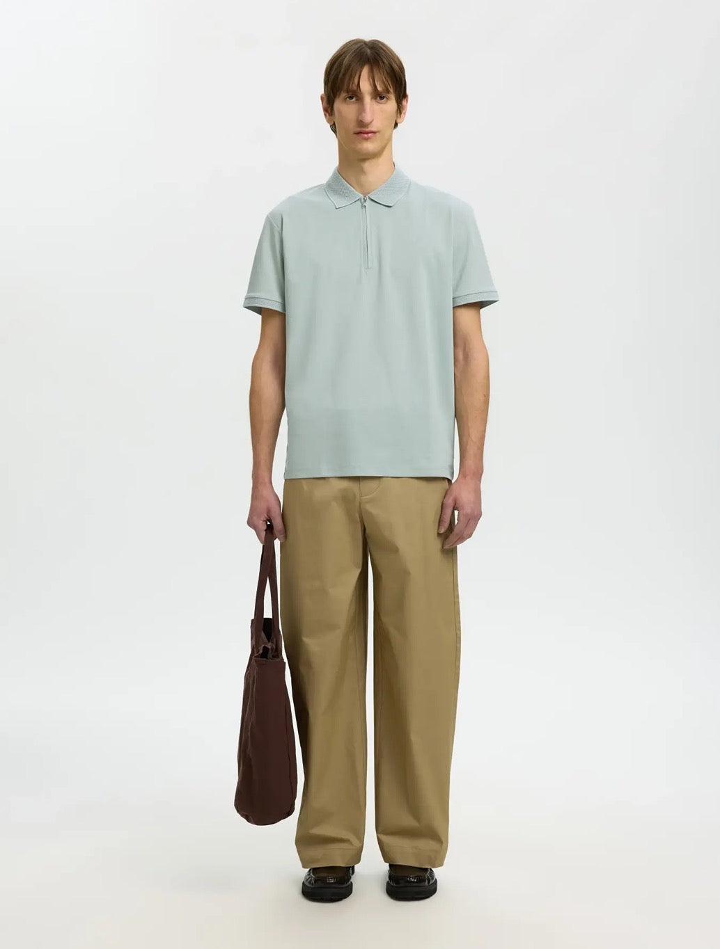 Selected - Fave Zippper Polo Top - Light Khaki