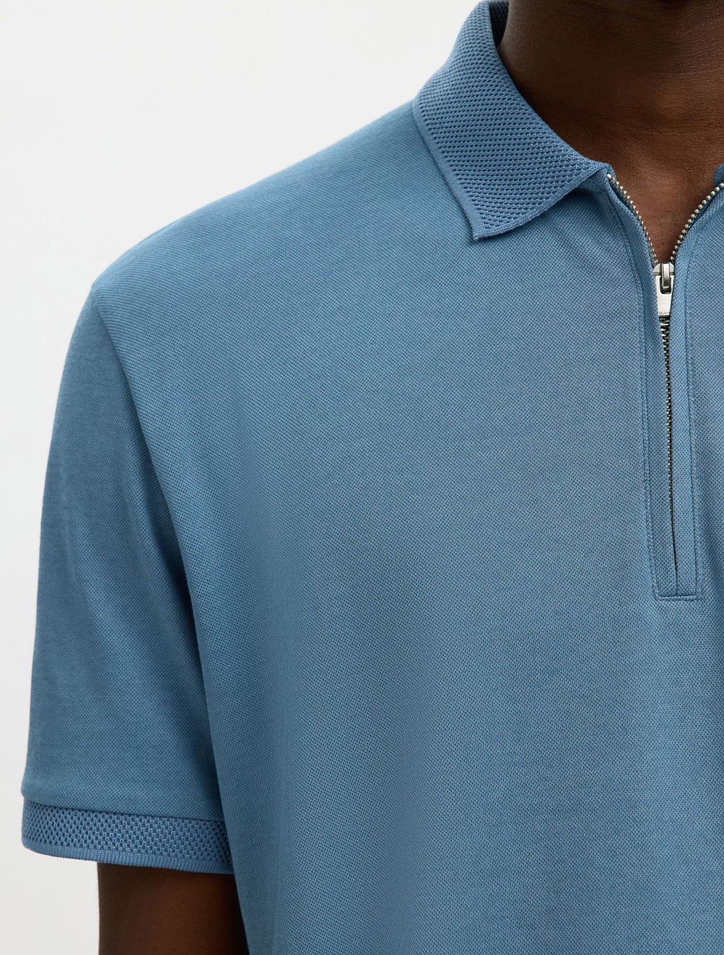 Selected Fave Zippper Polo Top in Petrol Blue