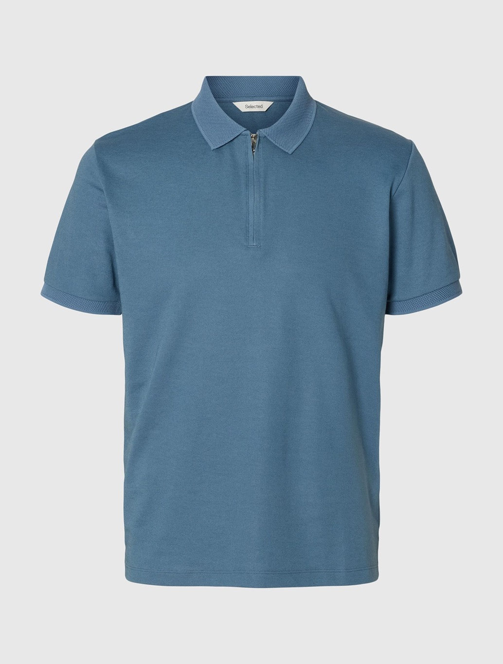 Selected Fave Zippper Polo Top in Petrol Blue