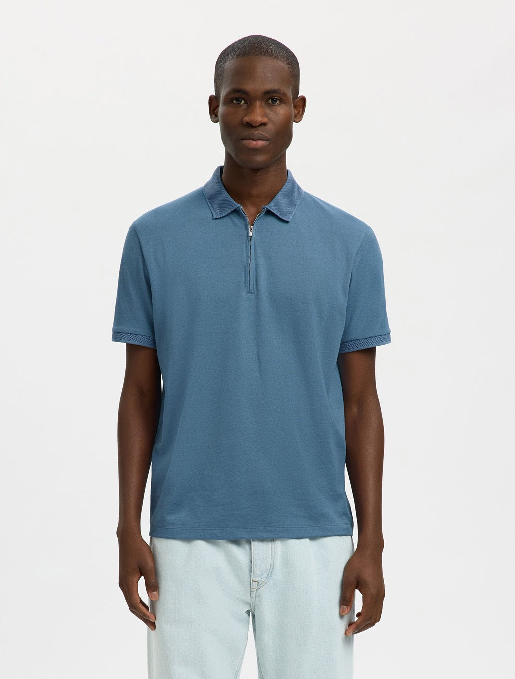 Selected - Fave Zippper Polo Top - Petrol Blue