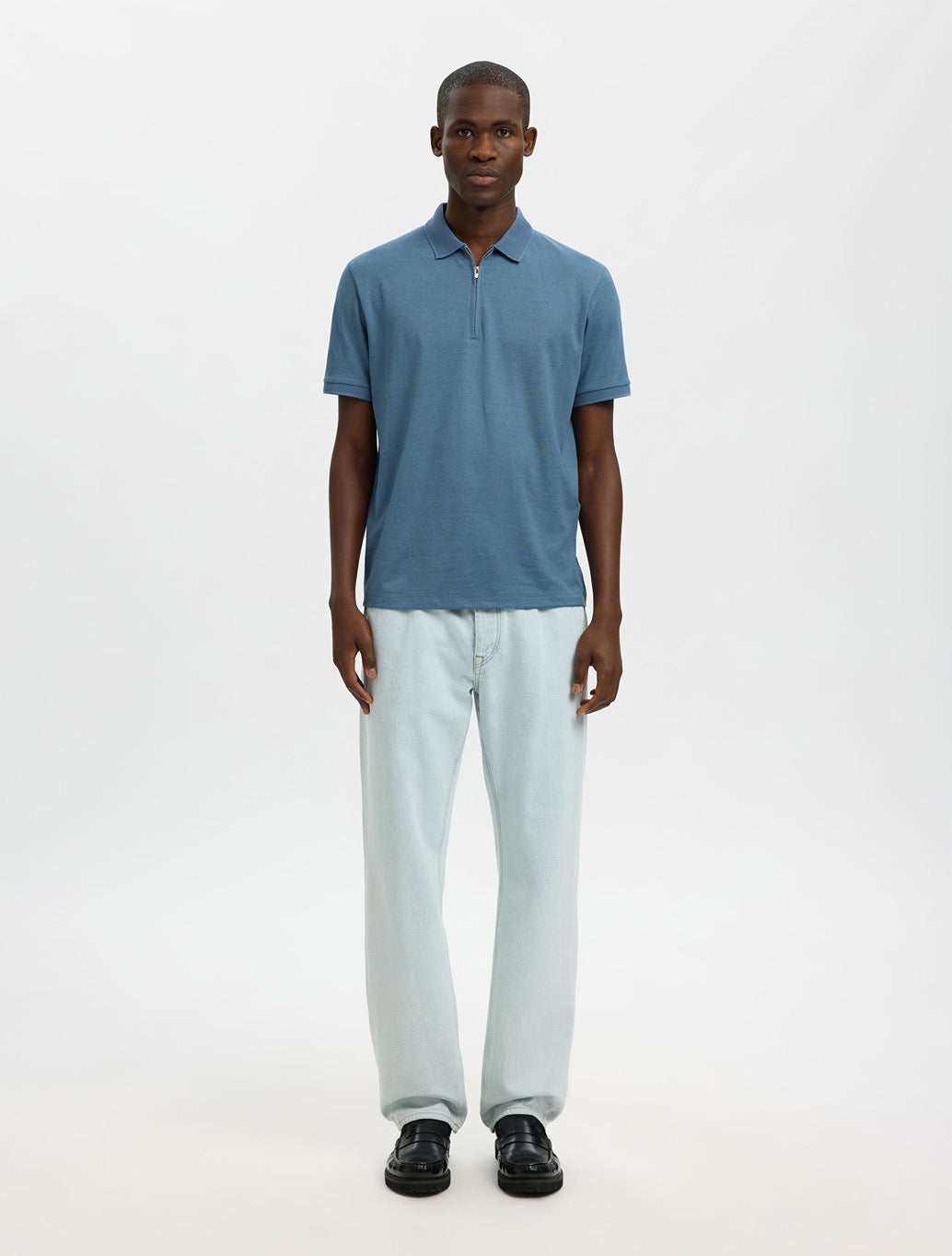 Selected Fave Zippper Polo Top in Petrol Blue