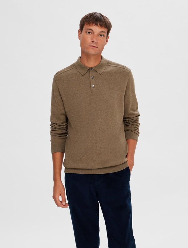 Selected Homme - Knitted Long-Sleeved Polo Shirt - Tan
