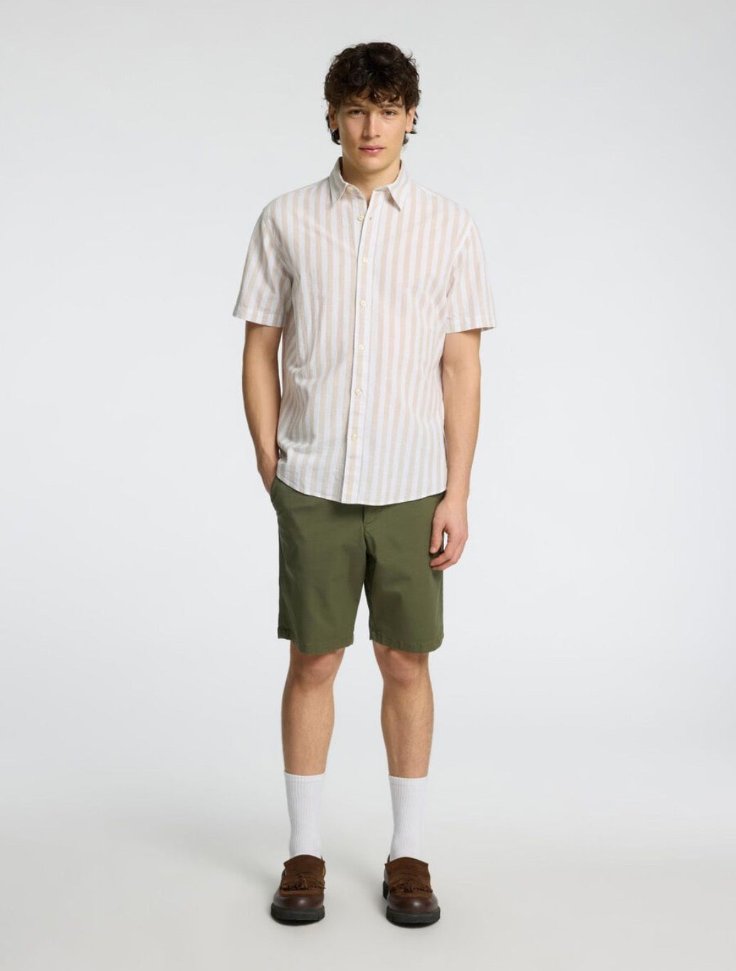 Selected Homme - Classic Short Sleeved Shirt - Beige Stripe