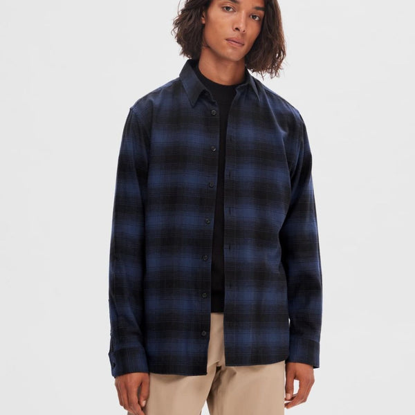 Selected Homme flannel plaid shirt in navy and green