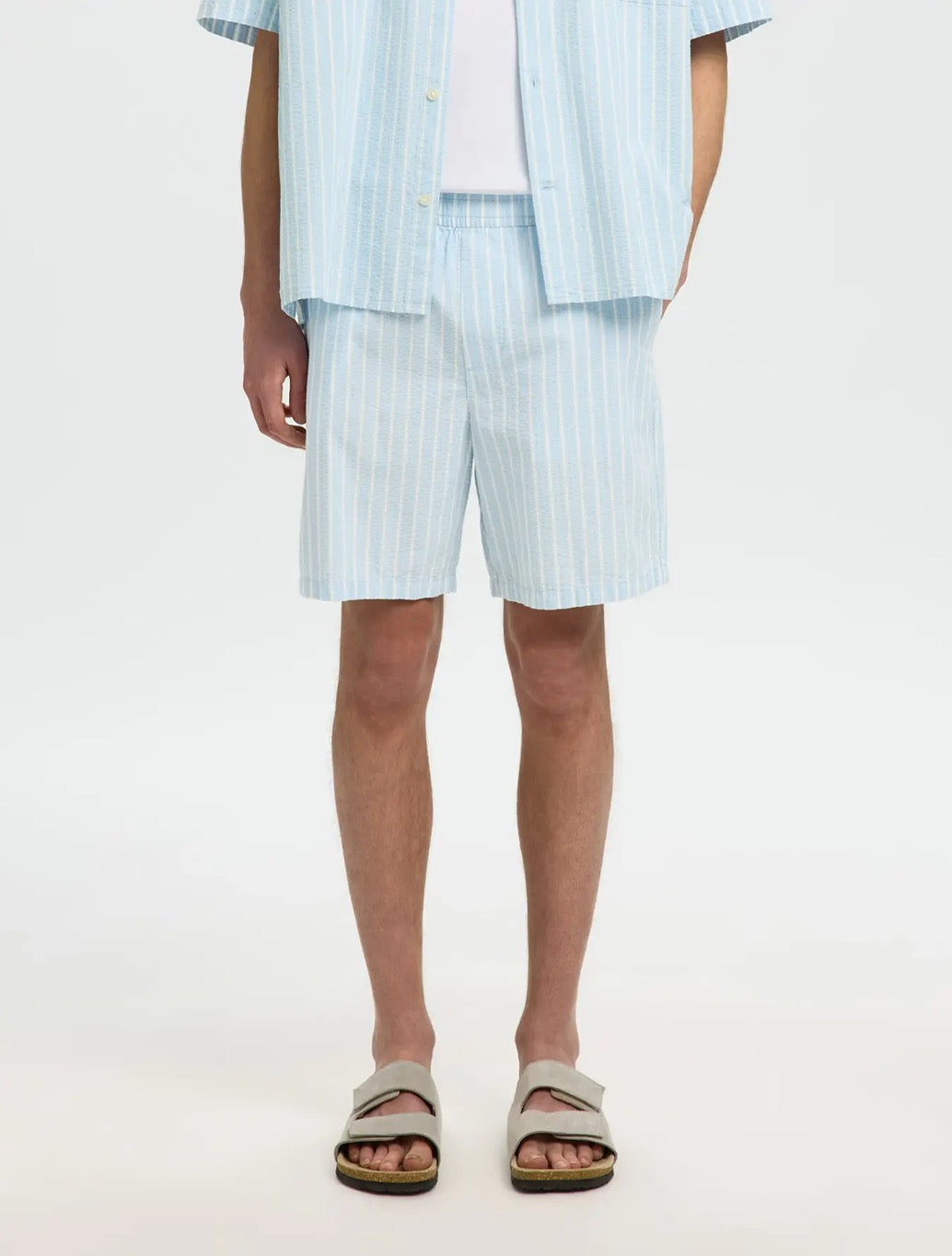 Selected Stuart Seersucker Shorts in Blue Stripe