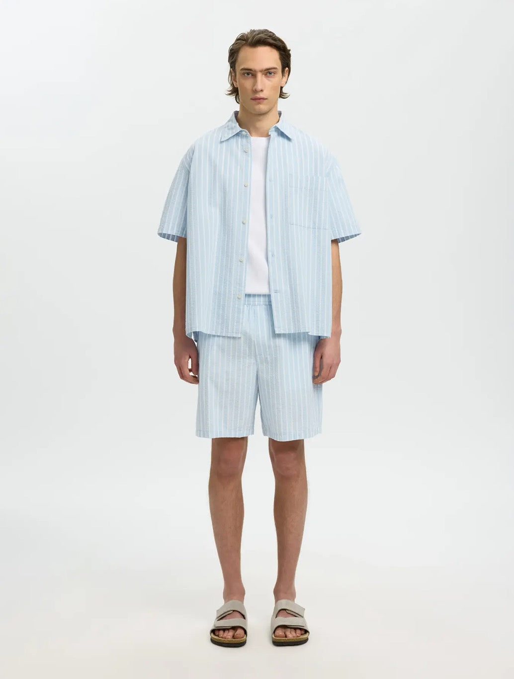 Selected Stuart Seersucker Shorts in Blue Stripe