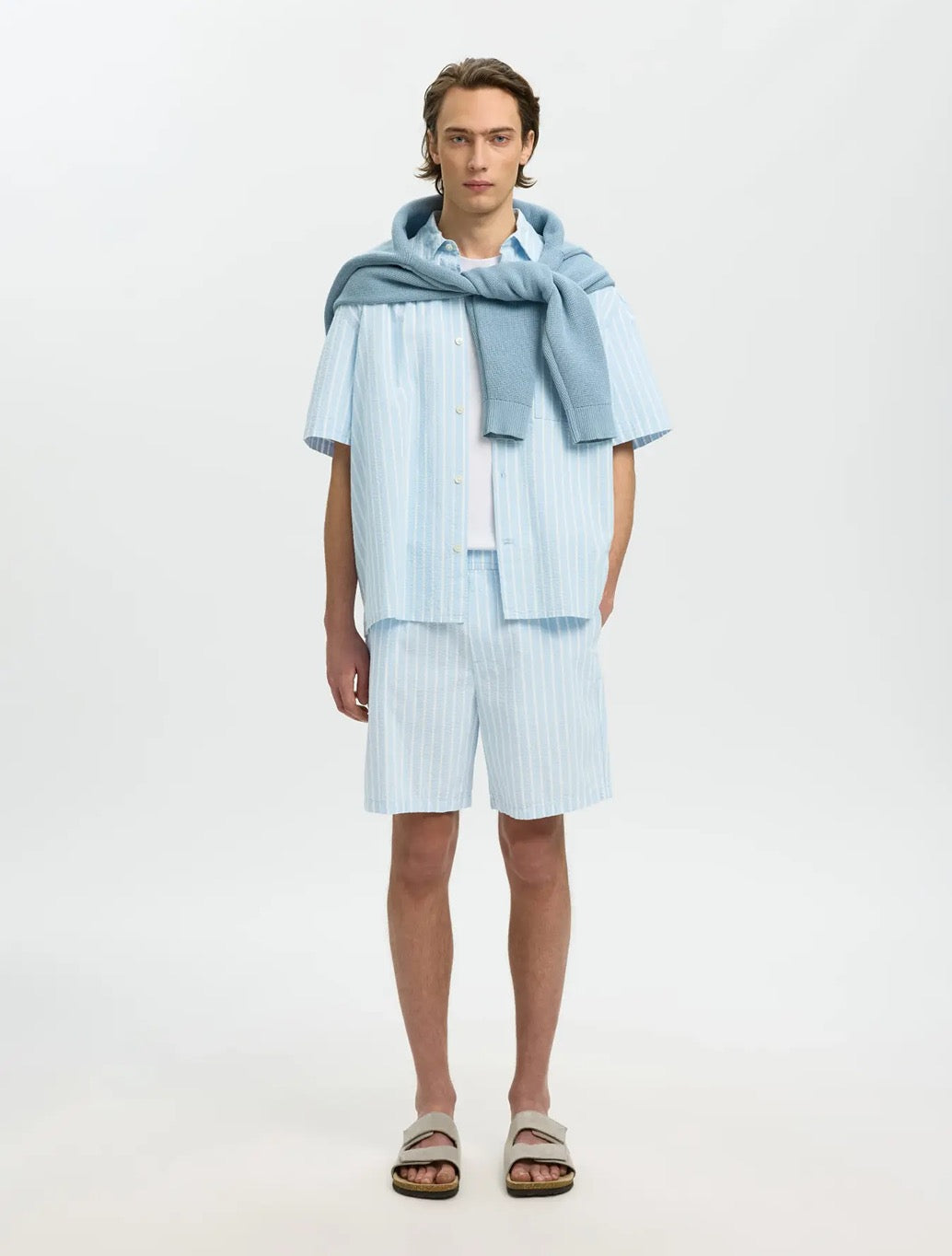 Selected Stuart Seersucker Shorts in Blue Stripe