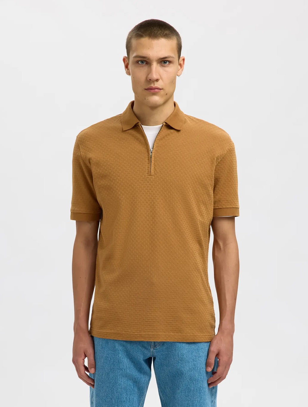 Selected - Isaac Zip Knit Polo - Camel
