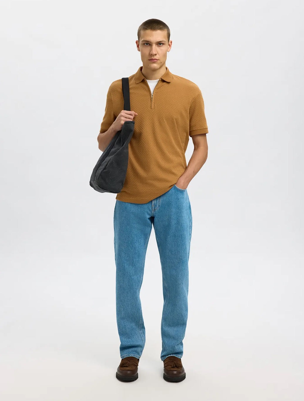 Selected - Isaac Zip Knit Polo - Camel