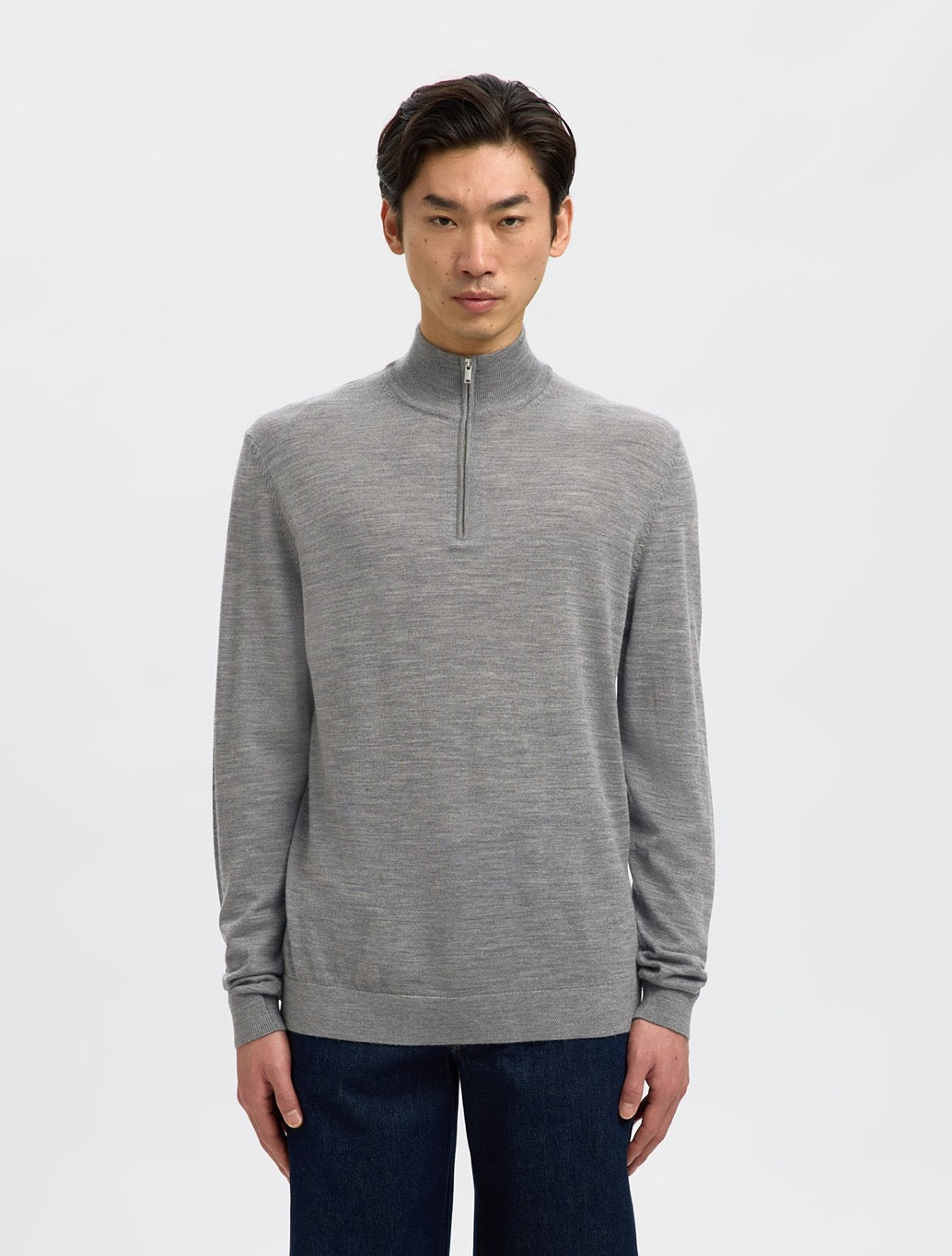 Selected Merino Wool Half-Zip Jumper in Grey