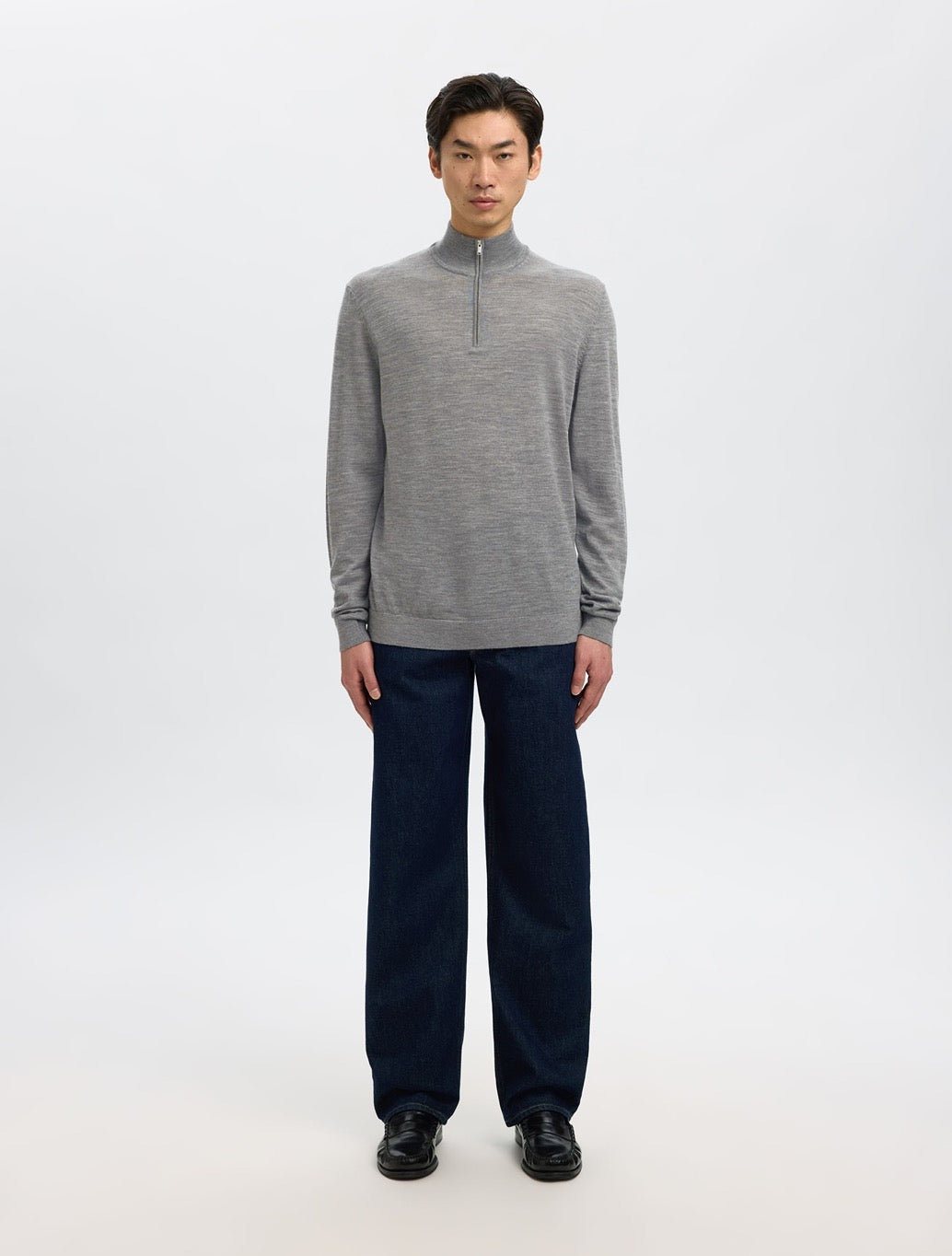 Selected Merino Wool Half-Zip Jumper in Grey