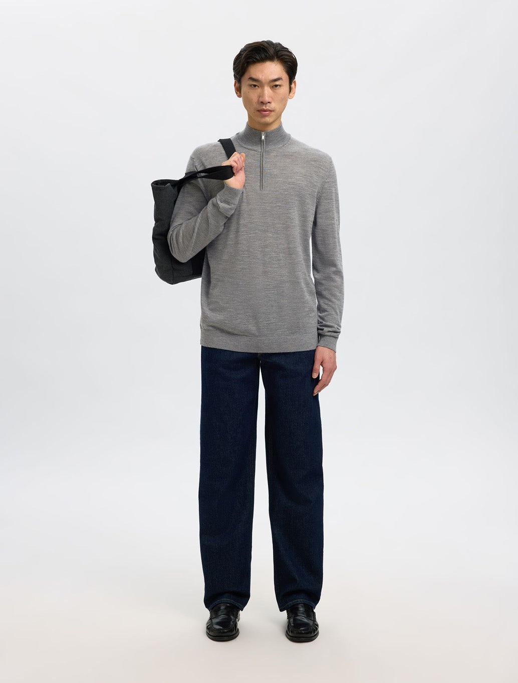 Selected Merino Wool Half-Zip Jumper in Grey