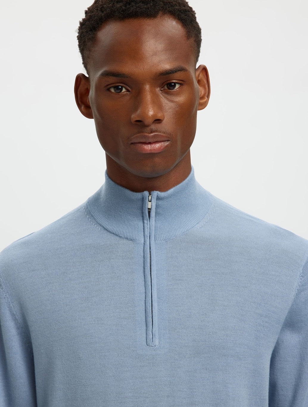 Selected Merino Wool Half-Zip Jumper in Light Blue