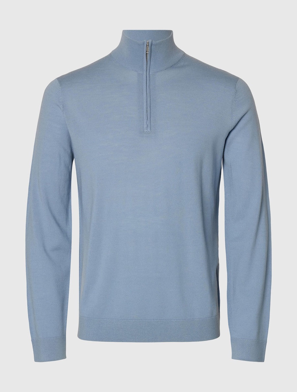 Selected Merino Wool Half-Zip Jumper in Light Blue