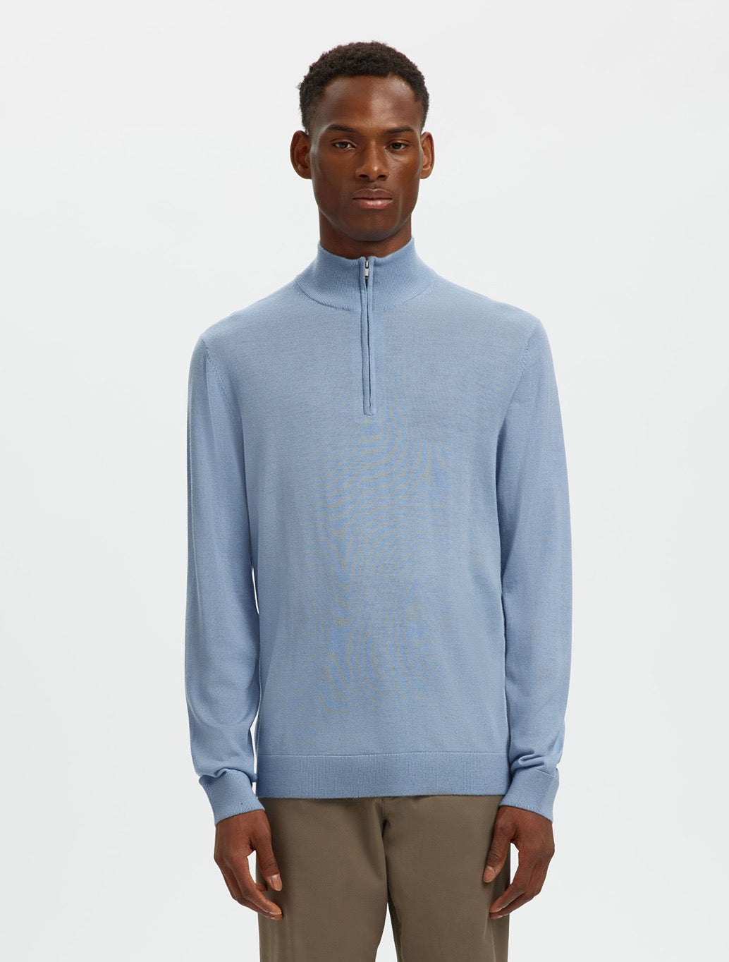 Selected Merino Wool Half-Zip Jumper in Light Blue