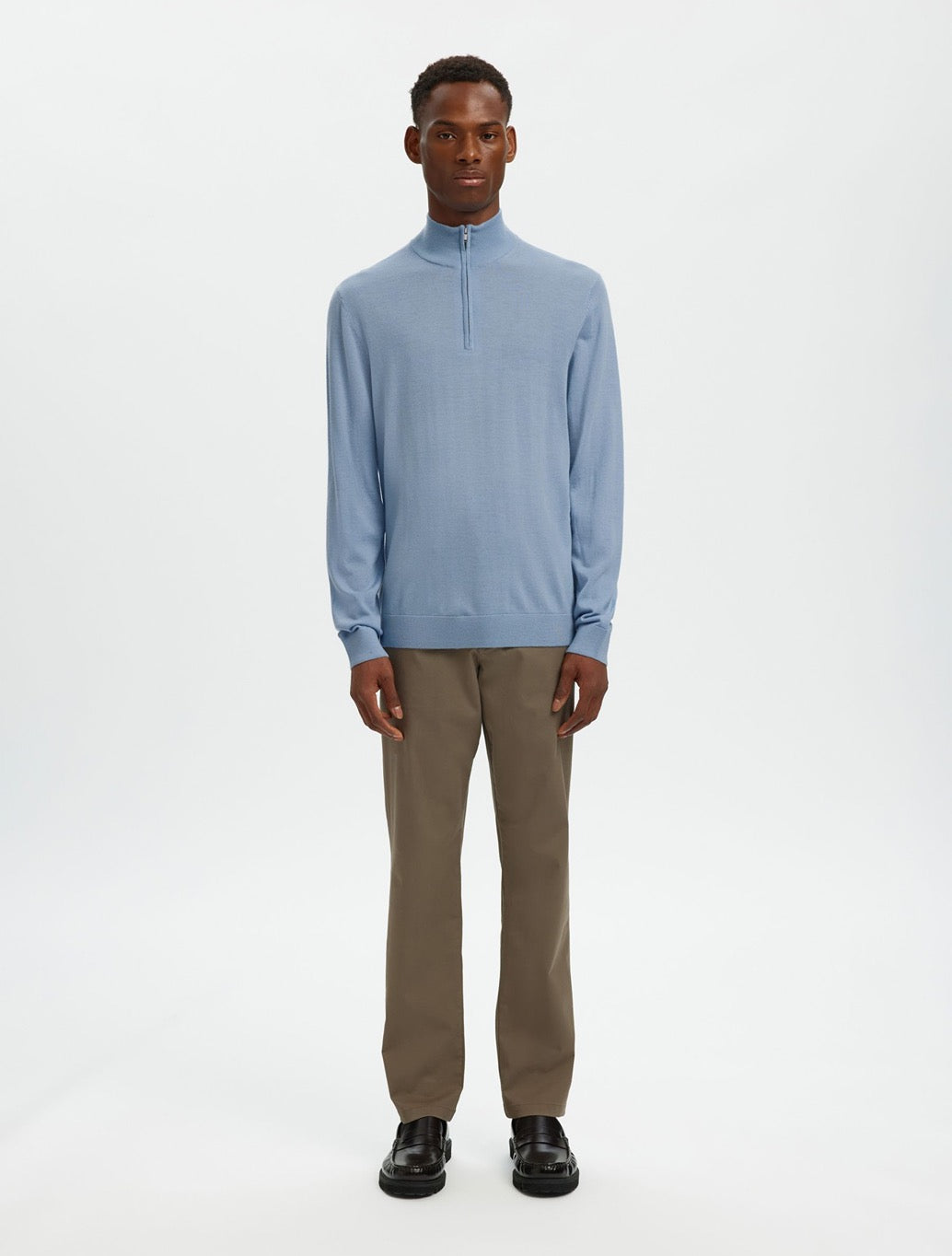 Selected Merino Wool Half-Zip Jumper in Light Blue