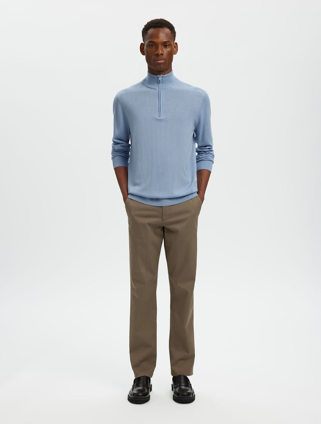 Selected Merino Wool Half-Zip Jumper in Light Blue