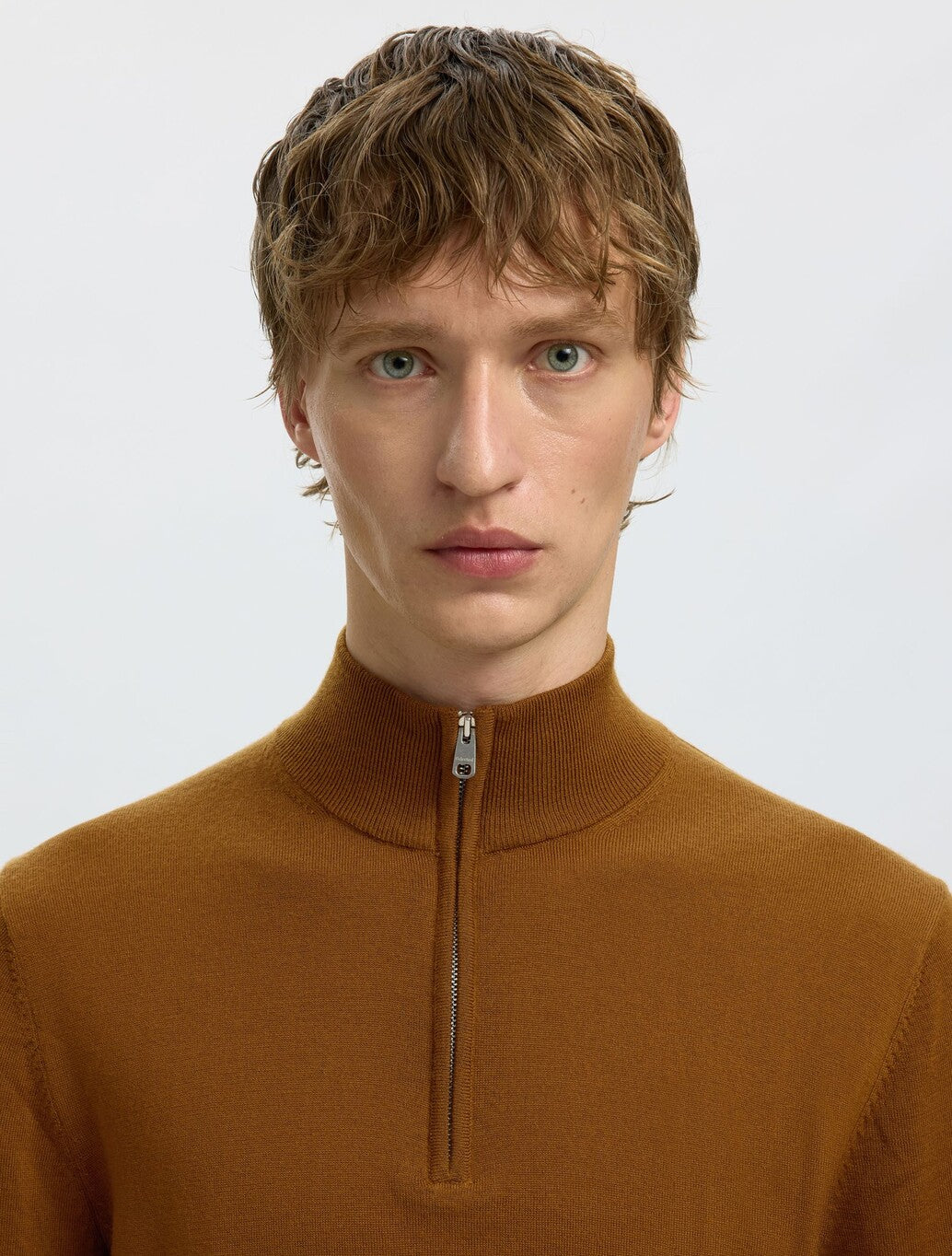Selected Tray Merino Wool Half-Zip Jumper in Brown