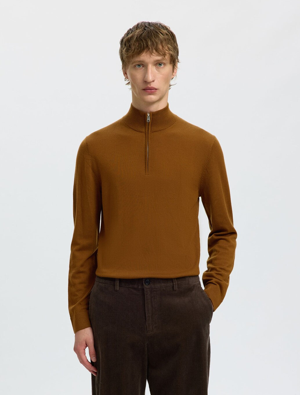 Selected Tray Merino Wool Half-Zip Jumper in Brown