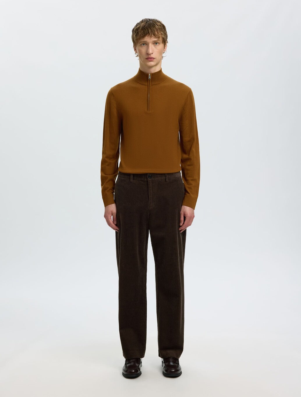Selected Tray Merino Wool Half-Zip Jumper in Brown