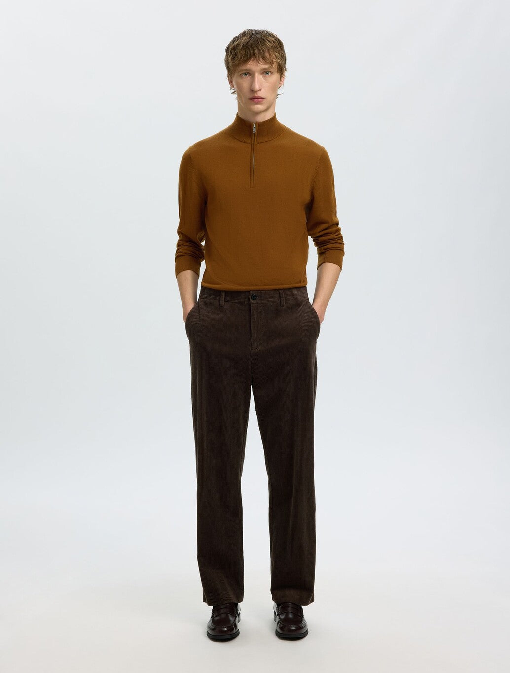 Selected Tray Merino Wool Half-Zip Jumper in Brown